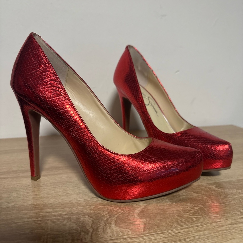 Jessica Simpson Red Metallic Platform Pumps High Heels Parisah Size 8 1/2